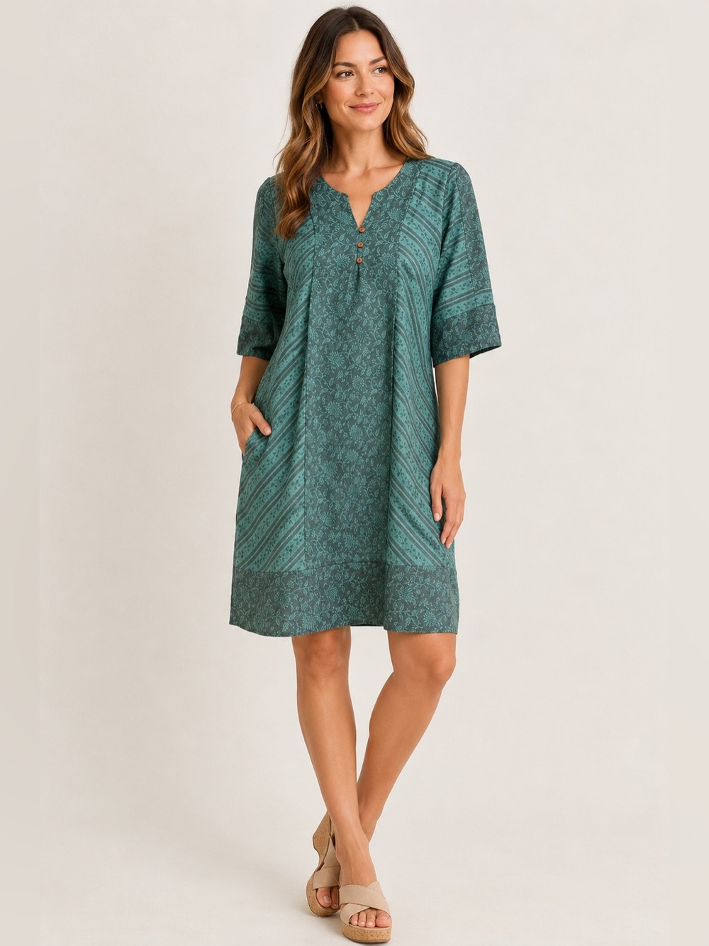 Bobeau Petite Small Teal Green Floral Stripe Tunic Dress -3/4 Sleeve V-Neck NEW!